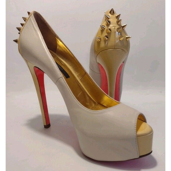 Ruthie Davis Italian Platform Spiked Heels Sz 6 Beige Yellow Pink Sole Punk - Picture 1 of 16